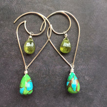 Load image into Gallery viewer, Two week back order- Moon and Wave GREEN Turquoise and Vessonite Garnet earrings