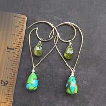 Load image into Gallery viewer, Two week back order- Moon and Wave GREEN Turquoise and Vessonite Garnet earrings