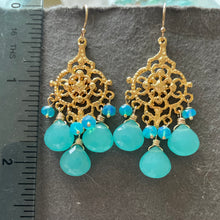 Load image into Gallery viewer, Blue chalcedony and opal filigree Chandelier Earrings