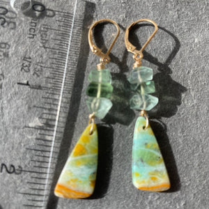 Blue Wood Opal And Fluorite Earrings, OOAK