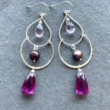 Load image into Gallery viewer, Pearly Magenta Trillion Double Hoop Earrings