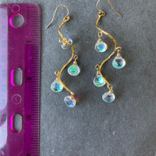Load image into Gallery viewer, Spiral Fire Rainbow Moonstone Gold dangles