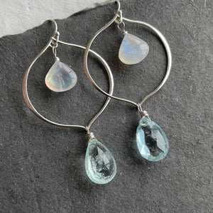 Aquamarine and Rainbow Moonstone Sofia Hoop Earrings, OOAK, no2