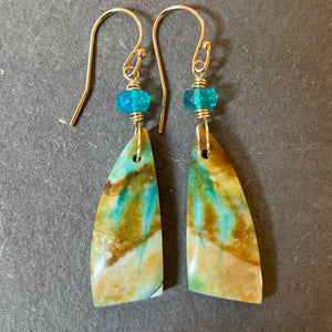 Blue Wood Opal Earrings, OOAK, gold