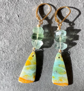 Blue Wood Opal And Fluorite Earrings, OOAK