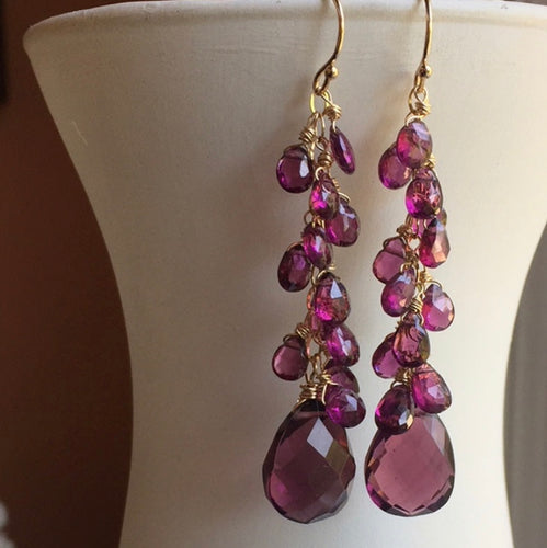 Rhodolite garnet and Quartz Cluster Earrings- One available