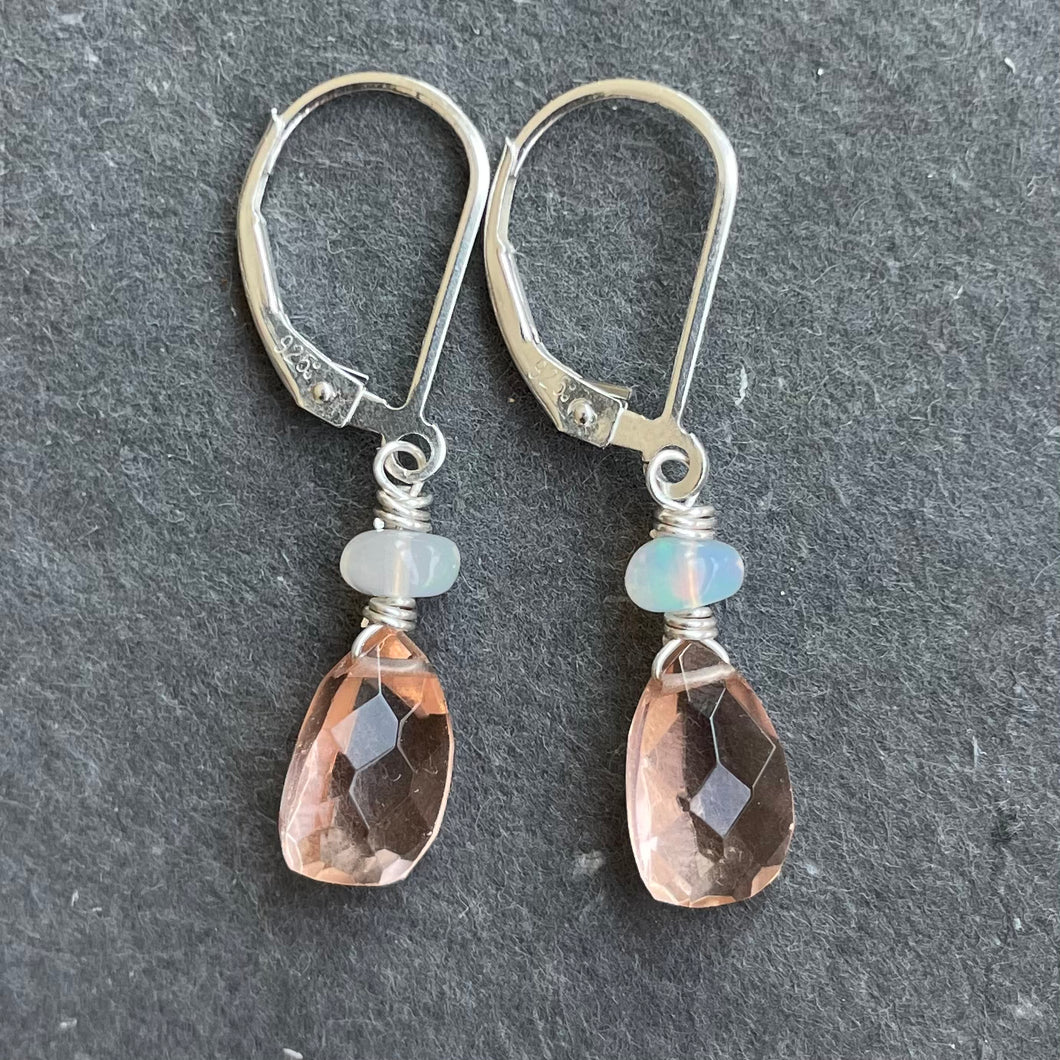 Morganite Peach And Opal Pyramid Leverback earrings
