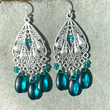 Load image into Gallery viewer, Gilded Age Art Deco Teal Chandelier Earrings