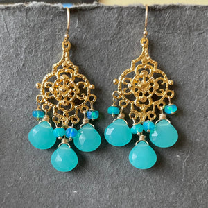 Blue chalcedony and opal filigree Chandelier Earrings
