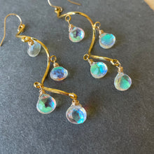 Load image into Gallery viewer, Spiral Fire Rainbow Moonstone Gold dangles