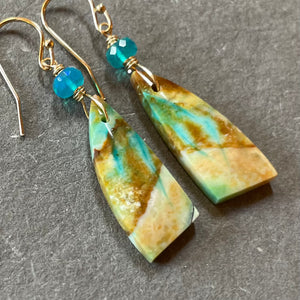 Blue Wood Opal Earrings, OOAK, gold
