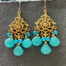 Load image into Gallery viewer, Blue chalcedony and opal filigree Chandelier Earrings
