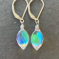 Aquamarine quartz and Fire Rainbow Moonstone Dewdrop Dangles, metal choices