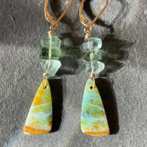 Blue Wood Opal And Fluorite Earrings, OOAK