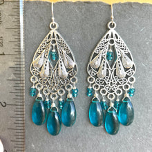 Load image into Gallery viewer, Gilded Age Art Deco Teal Chandelier Earrings
