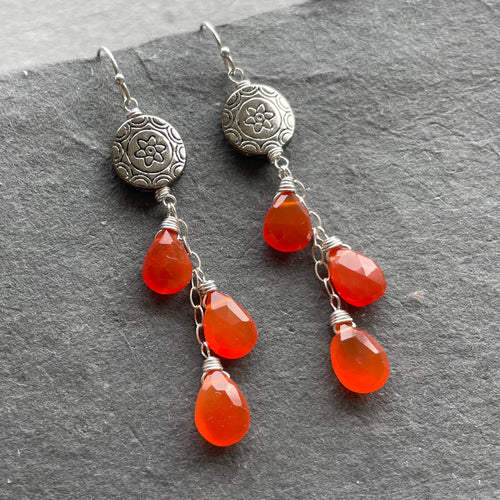 Carnelian Trio Dangle earrings, Hill Tribe Silver OOAK