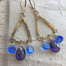 Load image into Gallery viewer, Kunzite and Tanzanite Quartz Triangle Chandelier Earrings