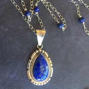 Lapis Lazuli Feather Back Pendant Necklace, OOAK, Heirloom