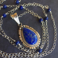 Lapis Lazuli Feather Back Pendant Necklace, OOAK, Heirloom