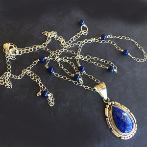 Lapis Lazuli Feather Back Pendant Necklace, OOAK, Heirloom