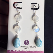 Load image into Gallery viewer, Larimar and Rainbow Moonstone Dangles