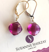 Load image into Gallery viewer, Magenta Cushion Cut Quartz Earrings, Metal choices