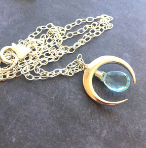 Moon Necklace with Aquamarine Blue