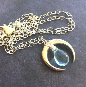 Moon Necklace with Aquamarine Blue
