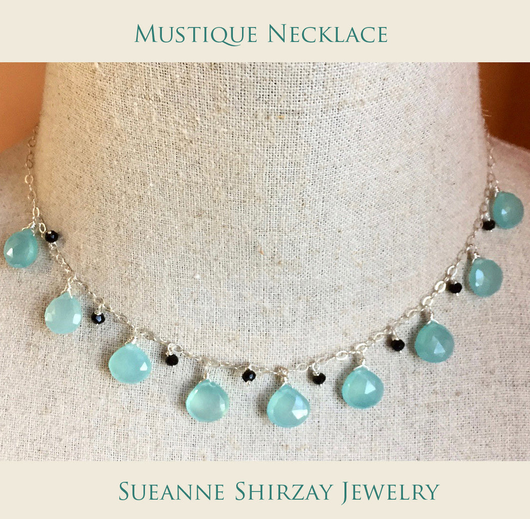 Mustique Necklace in aqua chalcedony with black onyx