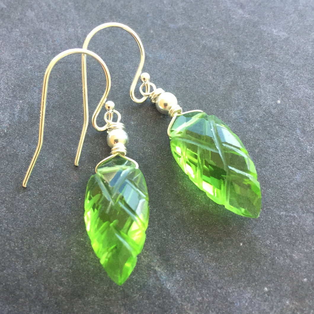 Peridot Green Quartz Carved Leaf Earrings