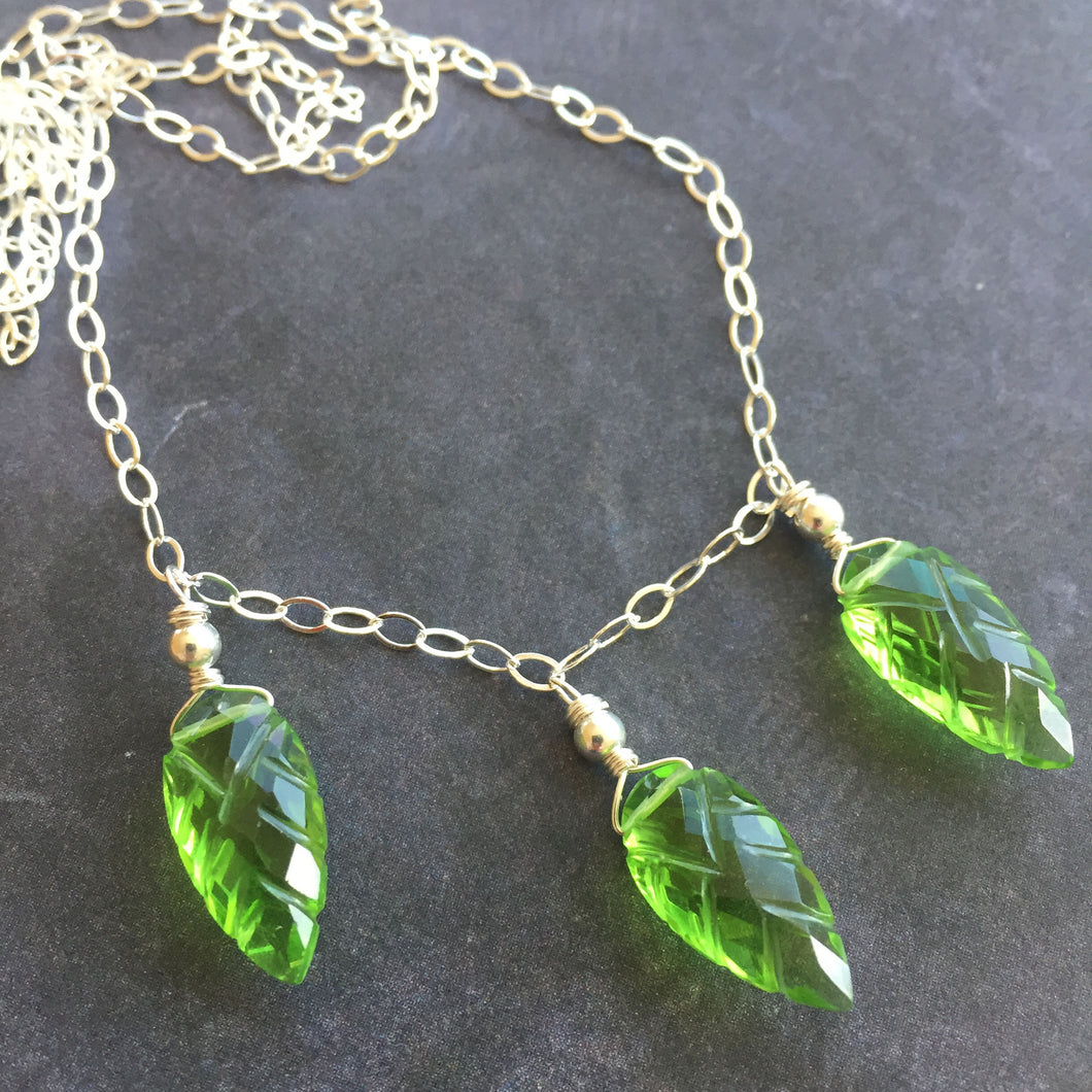 Peridot Green Carved Leaf Quartz Necklace, OOAK