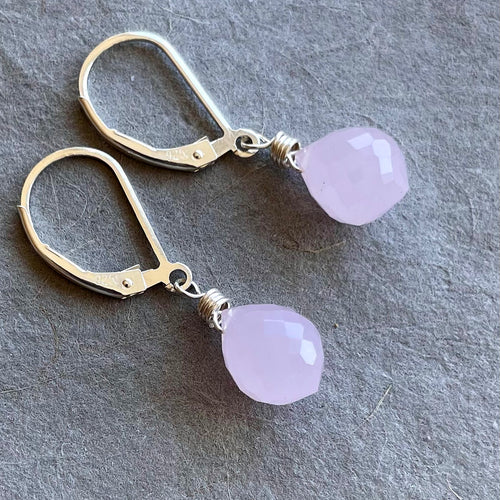 Glowing Pink Chalcedony Dewdrop Leverback Earrings