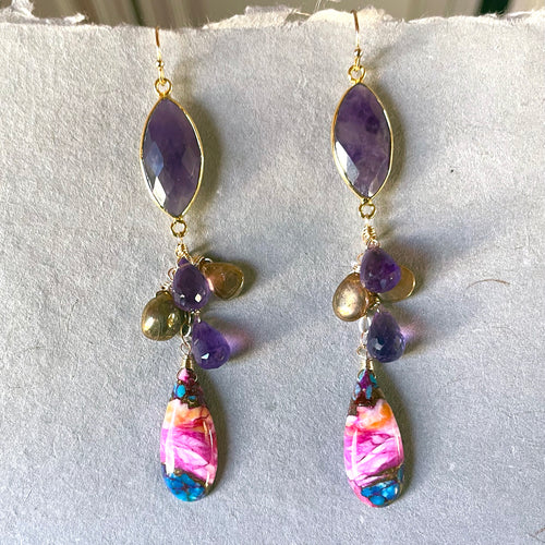 Amethyst and pink turquoise cascade earrings, OOAK