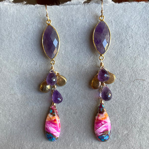 Amethyst and pink turquoise cascade earrings, OOAK