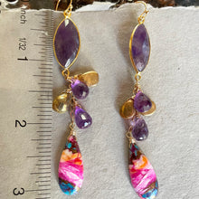 Load image into Gallery viewer, Amethyst and pink turquoise cascade earrings, OOAK