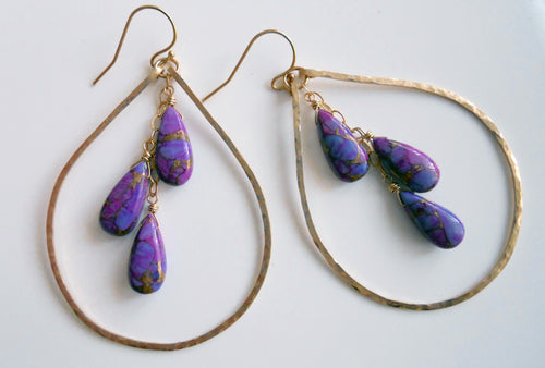 Czarina Purple Golden Turquoise Hoops, Gold Filled hammered hoop