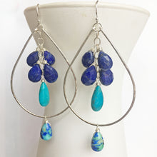 Load image into Gallery viewer, Stars at Night Lapis Lazuli and Turquoise Double Decker Hoops