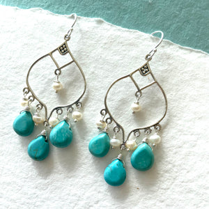 Turquoise and Pearl Chandelier Earrings